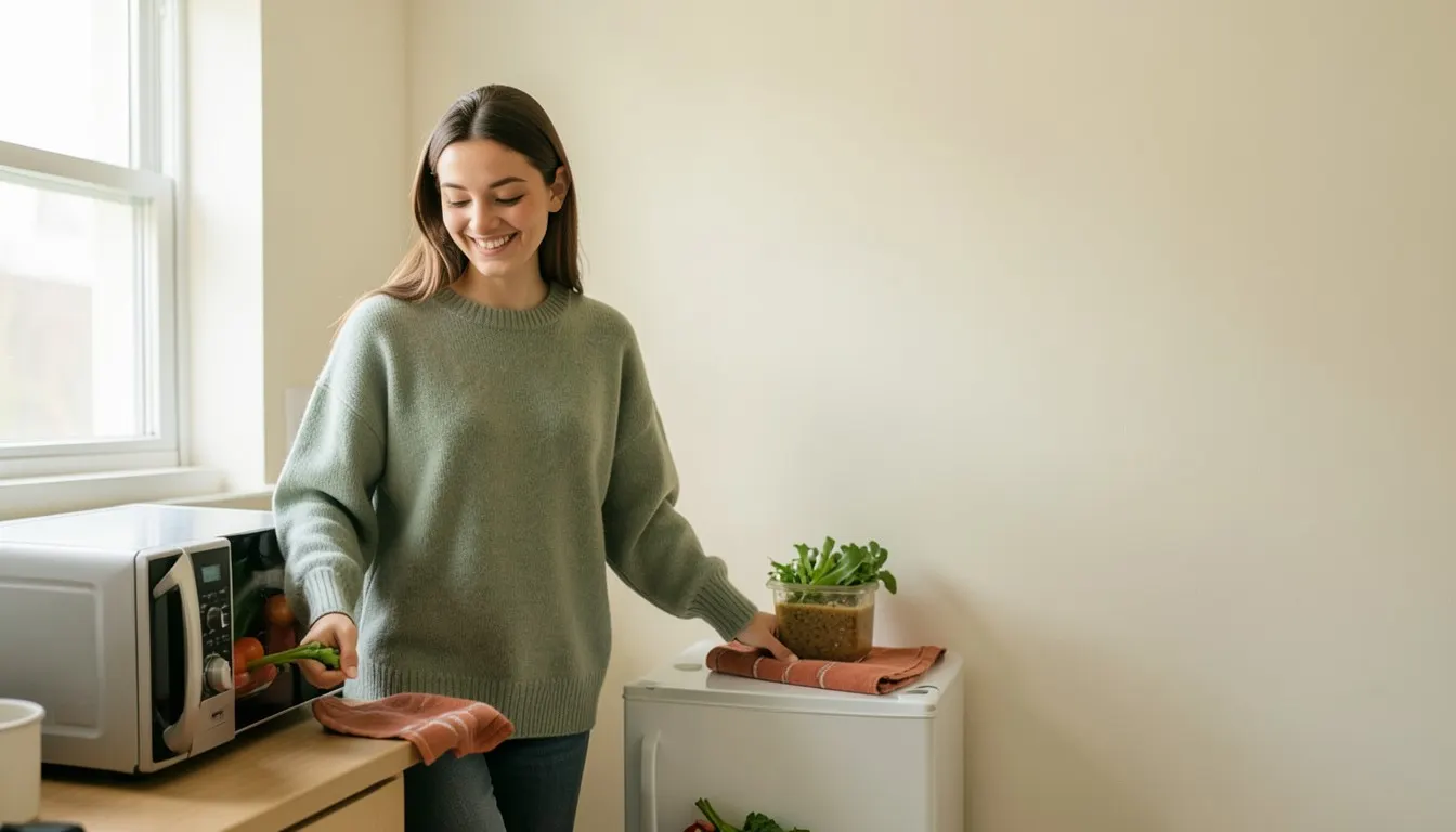 Una chica abre el microondas en una cocina pequeña de piso compartido, junto a una nevera pequeña.