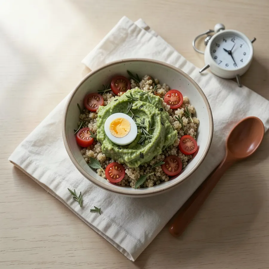 Un cuenco de quinoa con guacamole, tomates cherry y huevo cocido, junto a un temporizador de cocina.