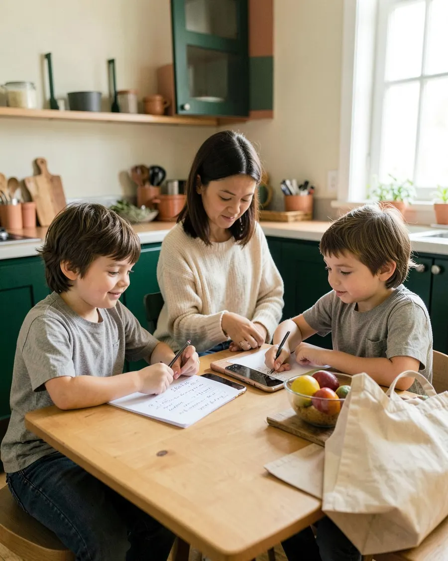 Una madre y dos niños planifican la semana en la mesa de la cocina con una lista de la compra a mano.