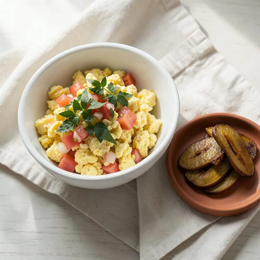 Un cuenco de perico, huevo revuelto con tomate y cebolla, junto a un plato de plátano maduro.