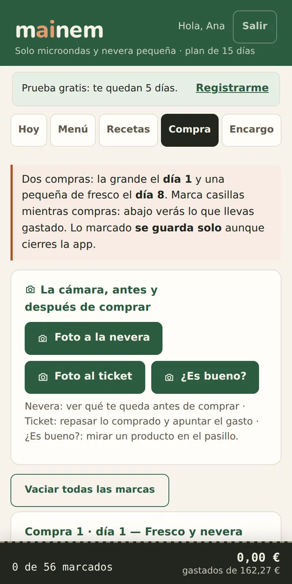 Pantalla Compra de la app: las dos compras, los botones de cámara y el total gastado.