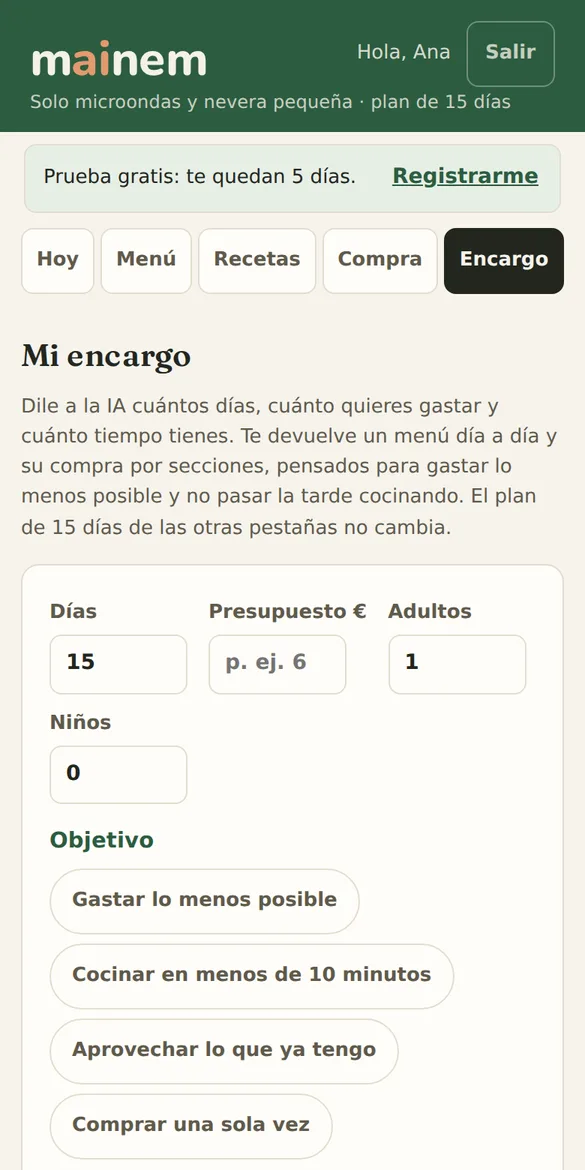Pantalla Encargo de la app: días, presupuesto, adultos, niños y objetivo.