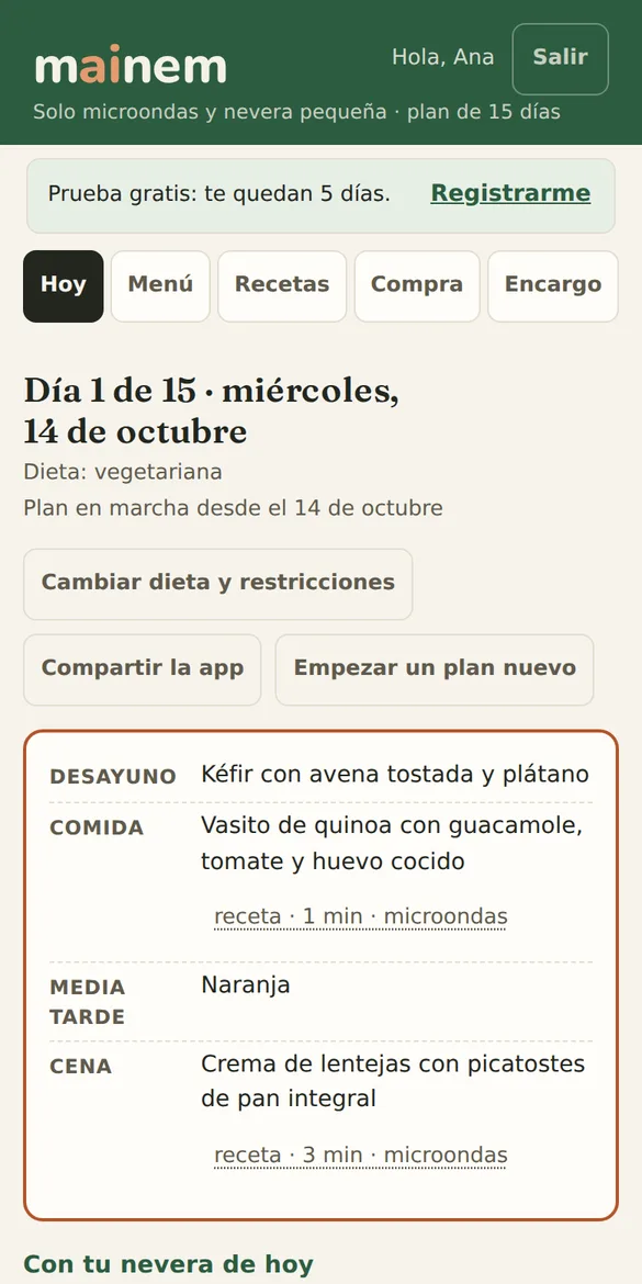 Pantalla Hoy de la app: día 1 de 15 con el desayuno, la comida, la media tarde y la cena.